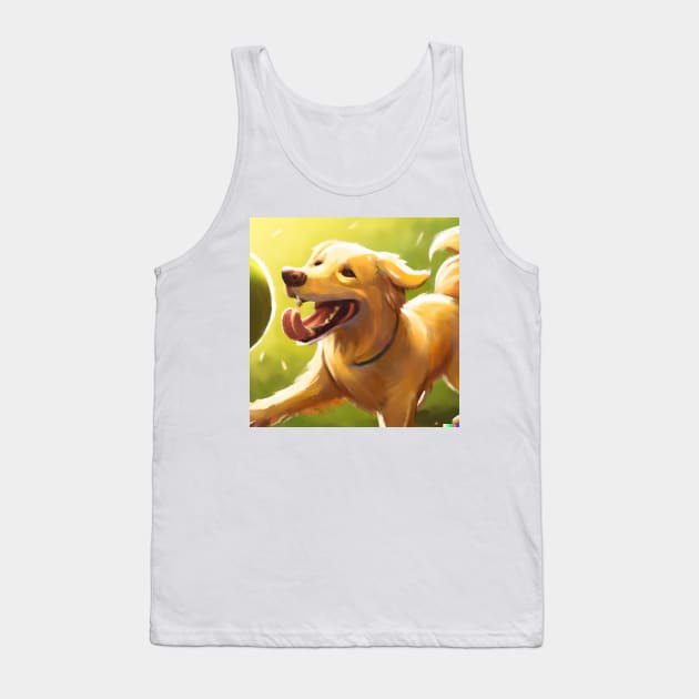 Golden retriever playing with ball happily and energetically on a playing field Tank Top by ramith-concept